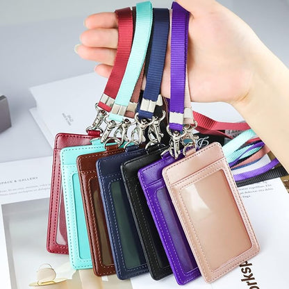 Teskyer Badge Holder with Lanyard, Leather ID Name Badge Card Holder with Lanyard for ID Badges, Vertical Green