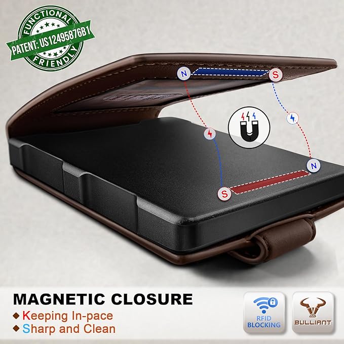 BULLIANT Men Wallet,Metal Case Money Clip with Grain Leather Flip 11 Cards-Pop-up Access Magetic Closure
