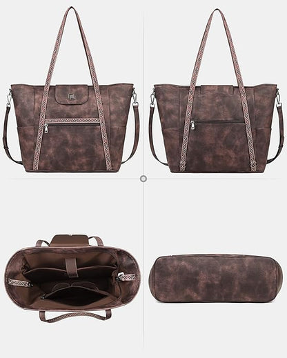 FADEON Large Laptop Tote Bag for Women Designer Leather Laptop Bag Fashion Travel Backpack Purse Shoulder Handbag