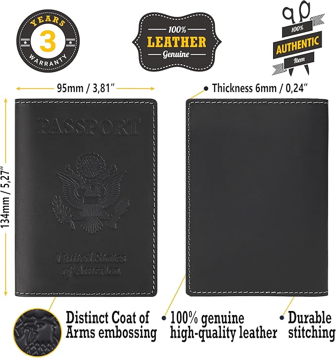 Shvigel Genuine Leather Passport Cover – Passport Holder for Men & Women – Crazy Horse Leather Travel Wallet Black