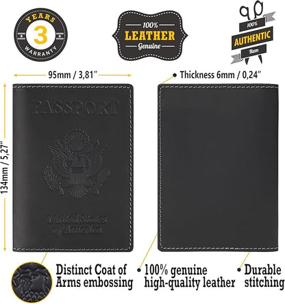 Shvigel Genuine Leather Passport Cover – Passport Holder for Men & Women – Crazy Horse Leather Travel Wallet Black
