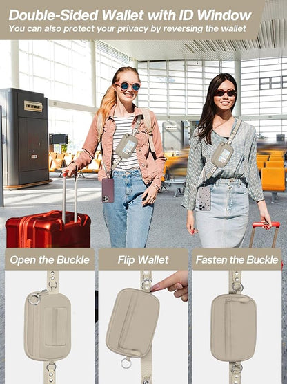 Tiostep Clip and Go Strap for Phone with Wallet Crossbody Phone Lanyard Adjustable and Detachable RFID Wristlet Wallet with ID Window and Zipper, Khaki
