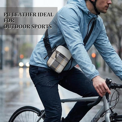 Mini Crossbody Sling Bag, PU Leather Chest Bag with Checkered Pattern, Dual Pocket Water Resistant Fanny Pack, Running Phone Holder for Men Women Workout Travelling(Scottish Tartan)