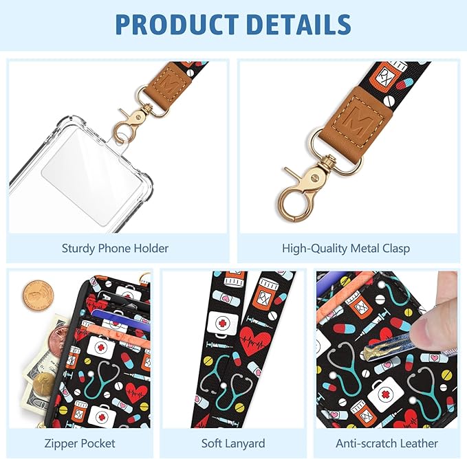 Pharmacy Nurse Lanyard Wallet with ID Badge Holder, RN Small RFID Wallet Women Keychain Wristlet, Slim Credit Card Holder with Zipper Pocket Phone Lanyard Wrist Strap Name Tag Office Teacher Doctor