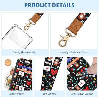 Pharmacy Nurse Lanyard Wallet with ID Badge Holder, RN Small RFID Wallet Women Keychain Wristlet, Slim Credit Card Holder with Zipper Pocket Phone Lanyard Wrist Strap Name Tag Office Teacher Doctor
