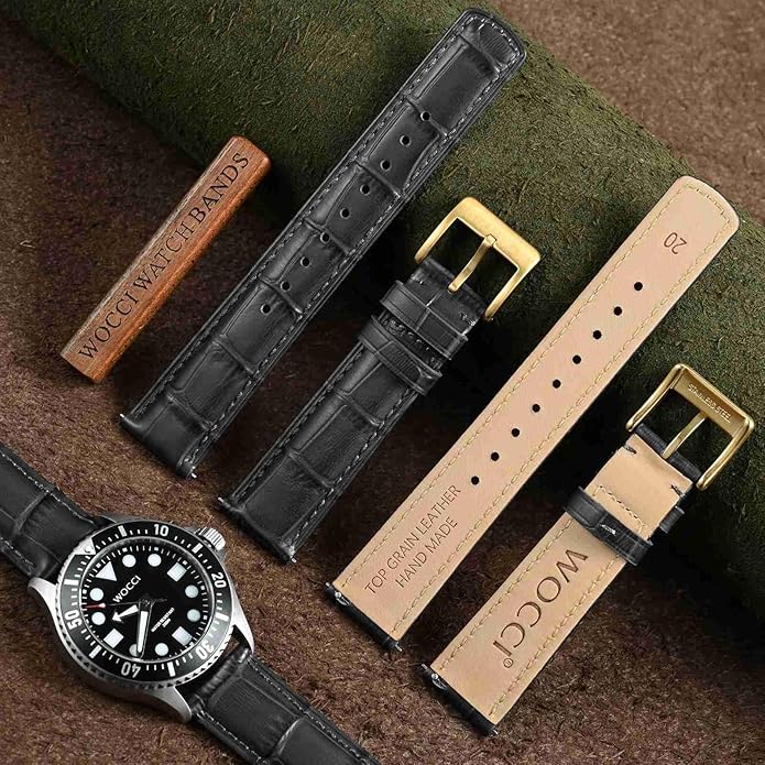 WOCCI Watch Bands, Top Grain Leather, Embossed Alligator Grain, Quick Release, Band Width 18mm 20mm 22mm