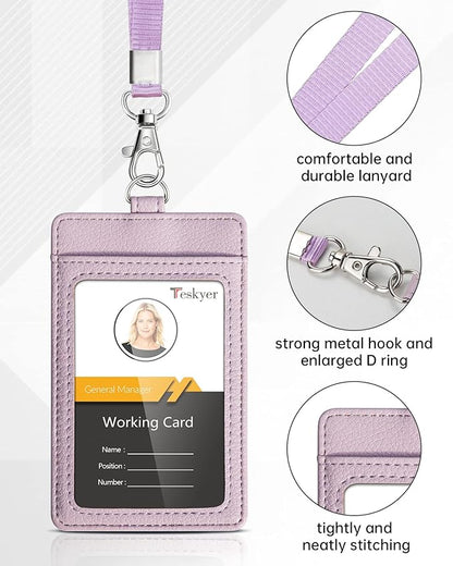 Teskyer Badge Holder with Lanyard, Leather ID Name Badge Card Holder with Lanyard for ID Badges, Vertical, Lychee Pattern Lilac