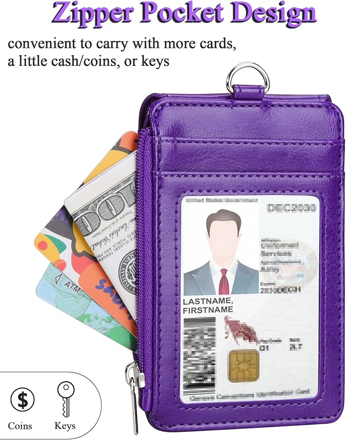 Teskyer Badge Holder with Side Zip Pocket, Multiple Card Slots Leather ID Holder Wallet with Neck Lanyard for Office Staffs, Teachers/Students, Couriers, Workers, Purple