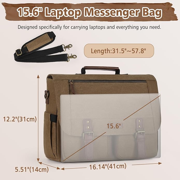 RAINSMORE Messenger Bag for Men, 15.6-17.3 inch Laptop Bag, Canvas Briefcase with Luggage Strap, Satchel for College Work