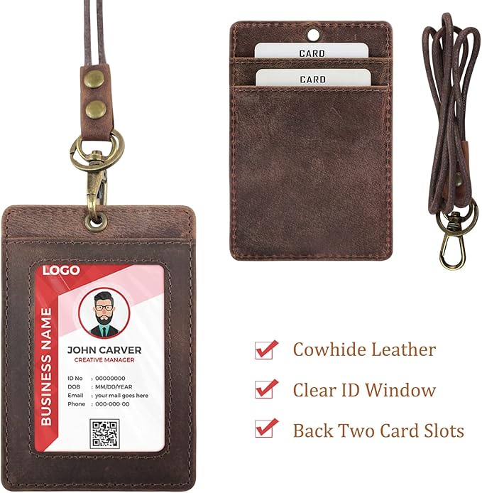 Boshiho Vertical Style Cowhide Leather ID Card Badge Holder with Heavy Duty Lanyard (Genuine Leather Dark Brown)