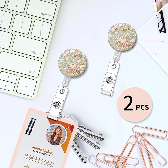 2 Pack Badge Reels Holder Retractable with ID Clip for Nurse Name Tag Card Nursing for Doctor Teacher Student Employee Office Medical Work (Cute Green Flower)