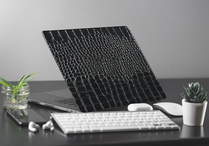 KEROM Compatible for Crocodile MacBook Pro 13 Inch Case 2025-2016 M2 M1 A2338 A2289 A2251 A2159 A1989 A1706 A1708, Textured Aligator Skin Snakeskin PU Leather Hardshell & Keyboard Cover, Shiny Black