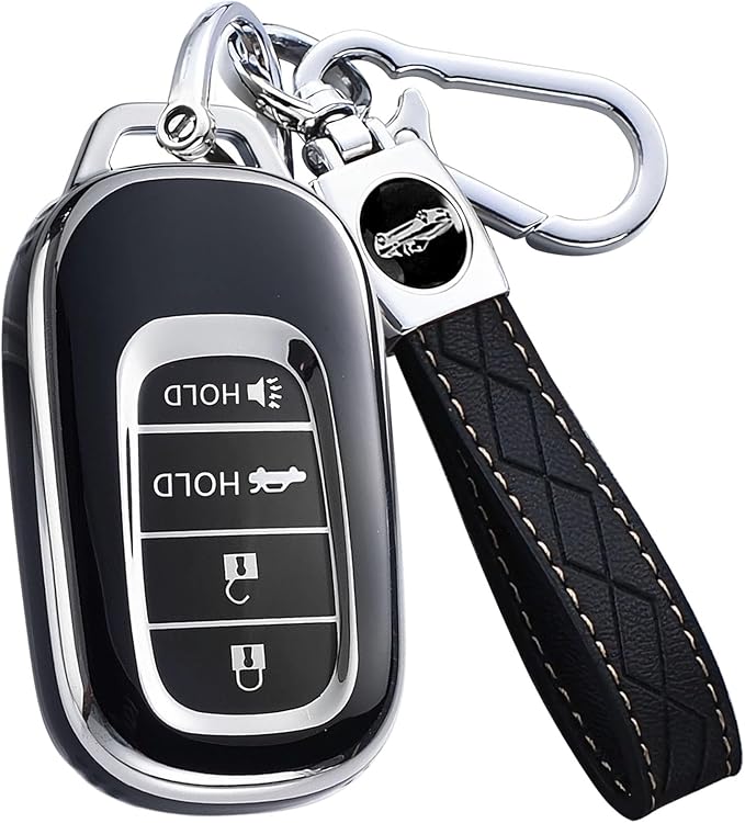 Key Fob Cover for Honda - Premium Soft TPU Shell Full Protection Case with Keychain, Fits Accord Civic HR-V CR-V Pilot Passport, Black 4-Button