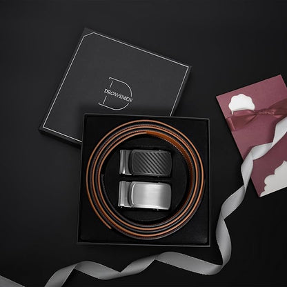 2 Pack Ratchet Belt 1 3/8", Mens leather Dress Belt in Gift Set Size 28"-62" Adjustable waist Trim to Fit