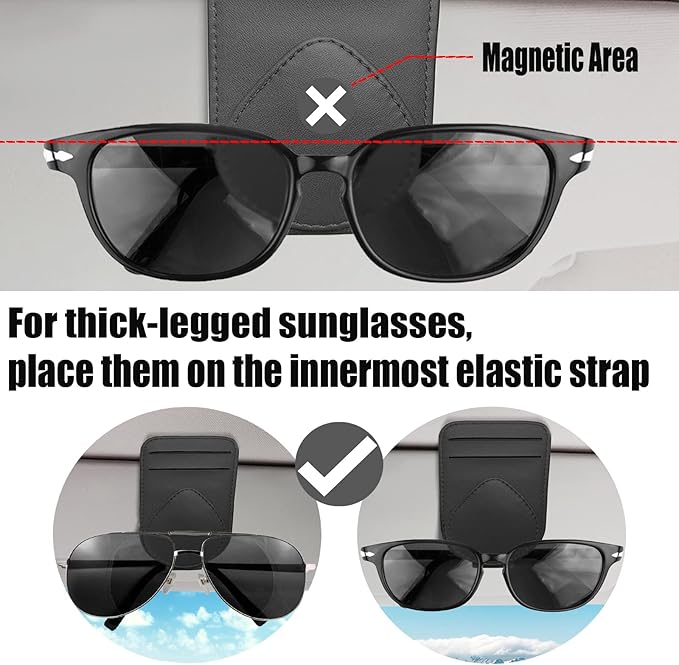 Sunglass and Card Holder for Car Visor, 2 Card Slots Visor Glasses Clip, Strong Magnetic Visor Holder, Visor Accessories for Cars SUV (Black 1Pc)