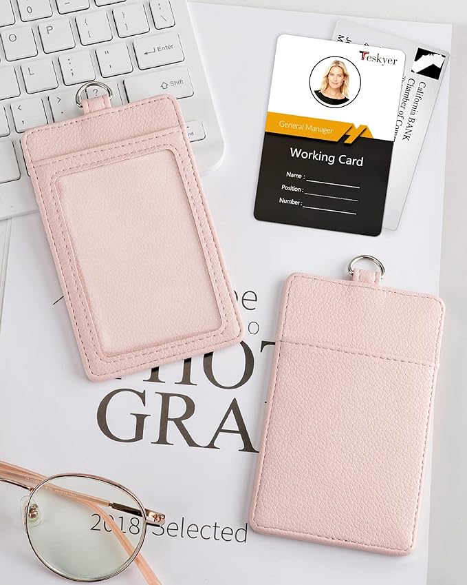 Teskyer Badge Holder with Lanyard, Leather ID Name Badge Card Holder with Lanyard for ID Badges, Vertical, Lychee Pattern Light Pink