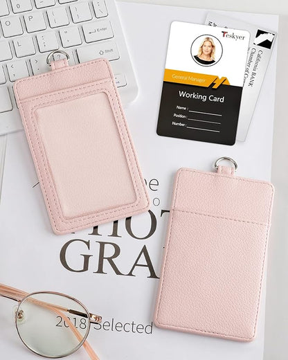 Teskyer Badge Holder with Lanyard, Leather ID Name Badge Card Holder with Lanyard for ID Badges, Vertical, Lychee Pattern Light Pink