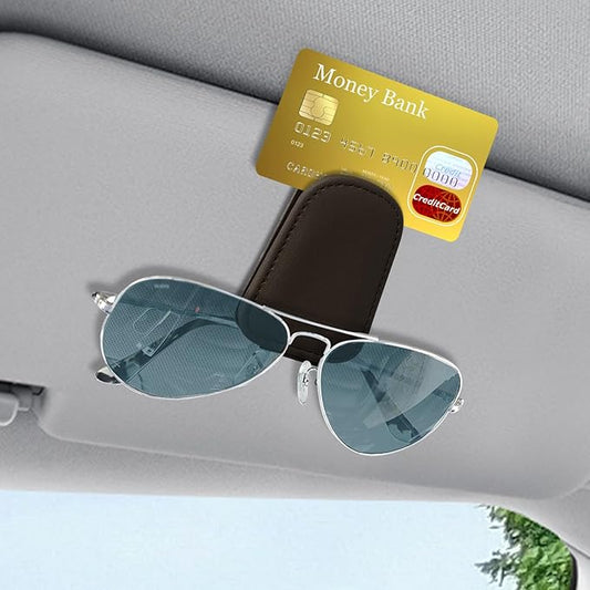 Sunglass Holder for Car, Sunglasses Clip for Car Visor, Magnetic Leather Vehicle Eyeglass Hanger Clip, Auto Ticket Card Glasses Organizer Clamp Accessories for SUV Sedan (Brown)