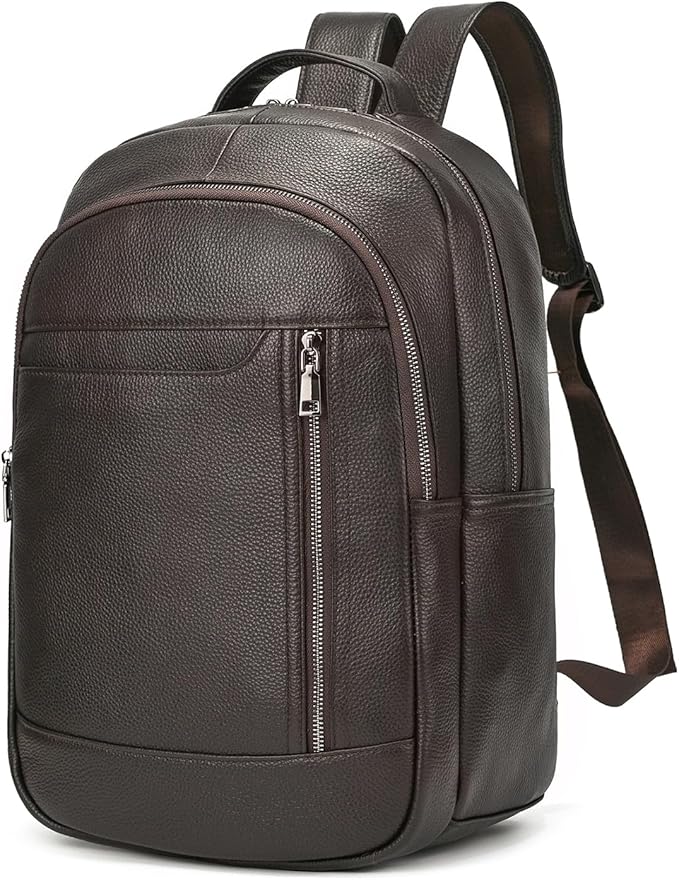 Large Capacity Genuine Leather Backpack for Men, 15.6 Inch Laptop Daypack Business Travel Shoulder Bag, Brown
