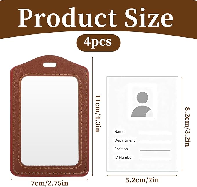Yuanchu 4 Pcs Leather ID Badge Holders, Vertical Double-Sided Clear Card Holders Waterproof Name Badge Reel for Office Staff Employees ID Credit Cards(Black, Brown)