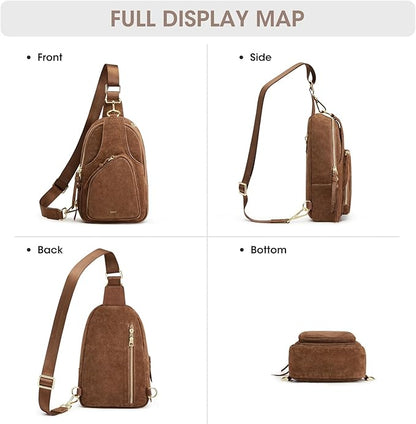 Kattee Sling Bag for Women, Genuine Suede Leather Fanny Packs Crossbody Purse, Small Chest Bag with RFID Blocking, Coffee