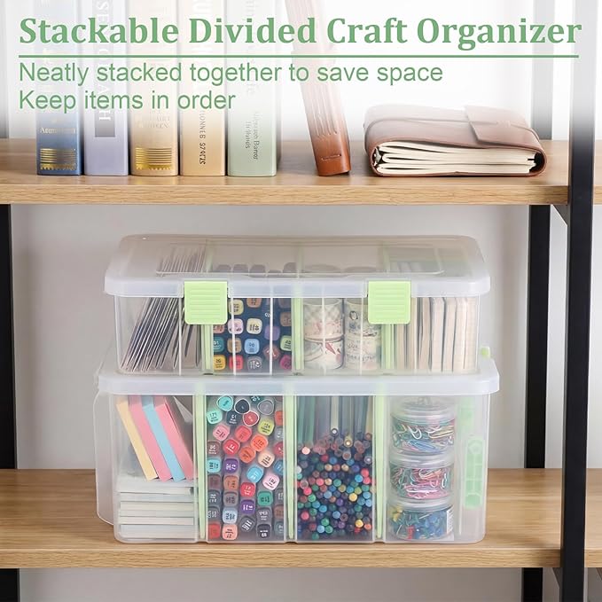 BTSKY Clear Plastic Dividing Storage Box with 4 Compartments Adjustable Storage Bin with Lid Plastic Craft Storage Container Multipurpose Sewing Box Art Supply Organizer, 13.3x8.1x3.4 Inches, Green