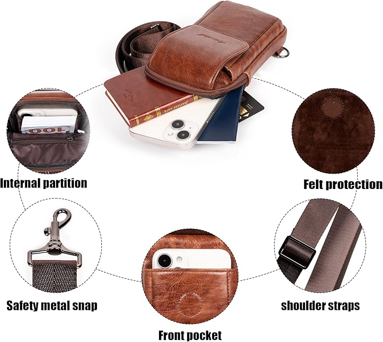 Small Crossbody Bag for Men Women - Genuine Leather Mini Sling Bag with Charging Port