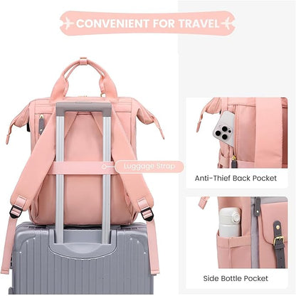 LOVEVOOK Laptop Backpack for Women, Teacher Nurse Bag Work Travel Computer Backpacks Purse,Water Resistant Daypack,Pink Grey 15.6in