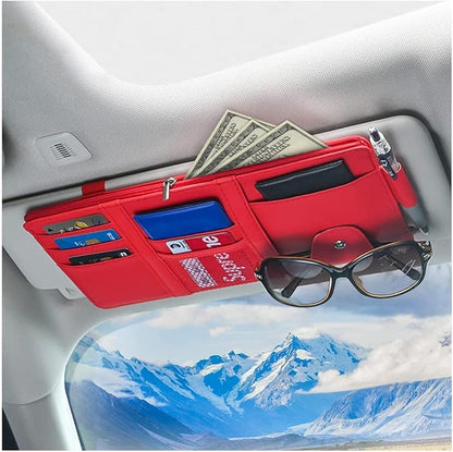 XINLIYA Car Sun Visor Organizer, Leather Storage Pocket Sun Visor Pouch with Zipper for Cards License Registration Pen Glasses Document, Fits Most Car SUV, Auto Interior Accessories (Red)