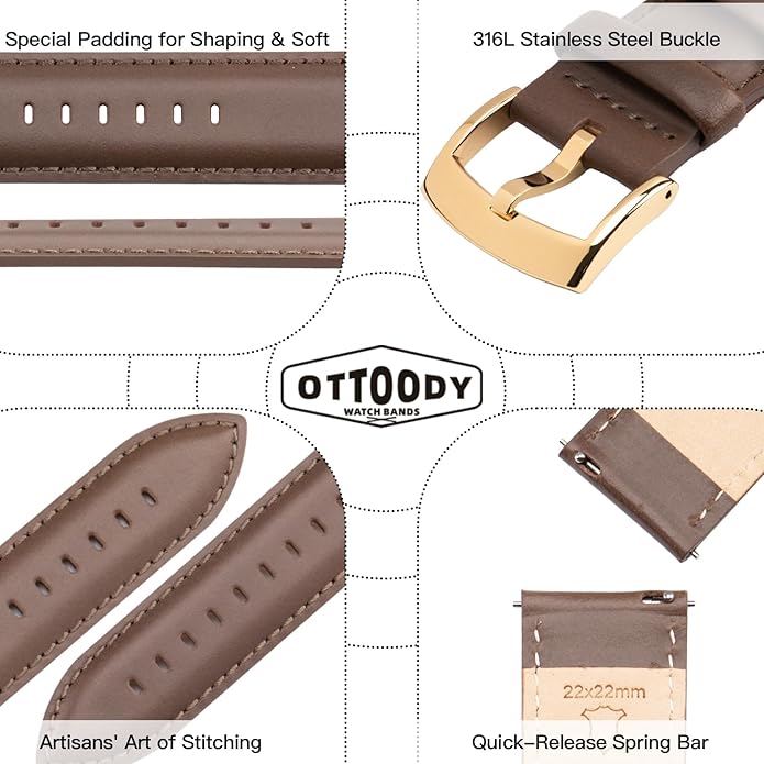 OTTOODY Leather Watch Bands Quick Release, Elegant Top Grain Leather Watch Straps for Men & Women, Choice of Color & Width - 18mm, 19mm, 20mm, 21mm or 22mm Wristbands Bracelet for Watch & Smartwatch