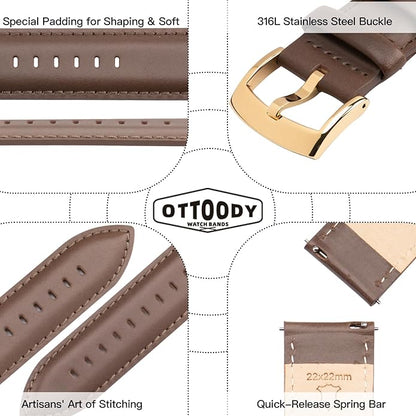 OTTOODY Leather Watch Bands Quick Release, Elegant Top Grain Leather Watch Straps for Men & Women, Choice of Color & Width - 18mm, 19mm, 20mm, 21mm or 22mm Wristbands Bracelet for Watch & Smartwatch