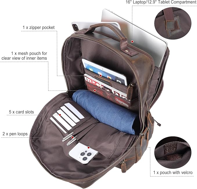 Masa Kawa Brown Leather Laptop Backpack for Men Fits 16” 15.6” Computer, Vintage Business Travel Work Large Daypack Weekender Bag Camping Rucksack