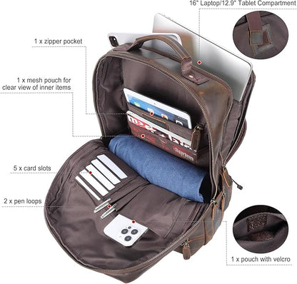 Masa Kawa Brown Leather Laptop Backpack for Men Fits 16” 15.6” Computer, Vintage Business Travel Work Large Daypack Weekender Bag Camping Rucksack