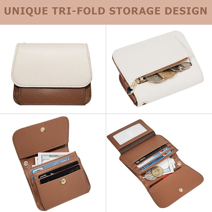 Women Small Wallet RFID Blocking Slim Wallet with Coin Pocket Tri-Fold Credit Card Holder with ID Window and Keychain(Beige＆Brown)