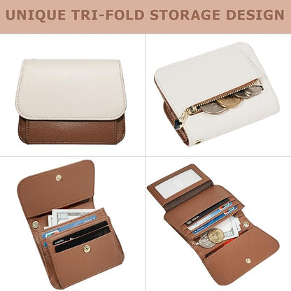 Women Small Wallet RFID Blocking Slim Wallet with Coin Pocket Tri-Fold Credit Card Holder with ID Window and Keychain(Beige＆Brown)