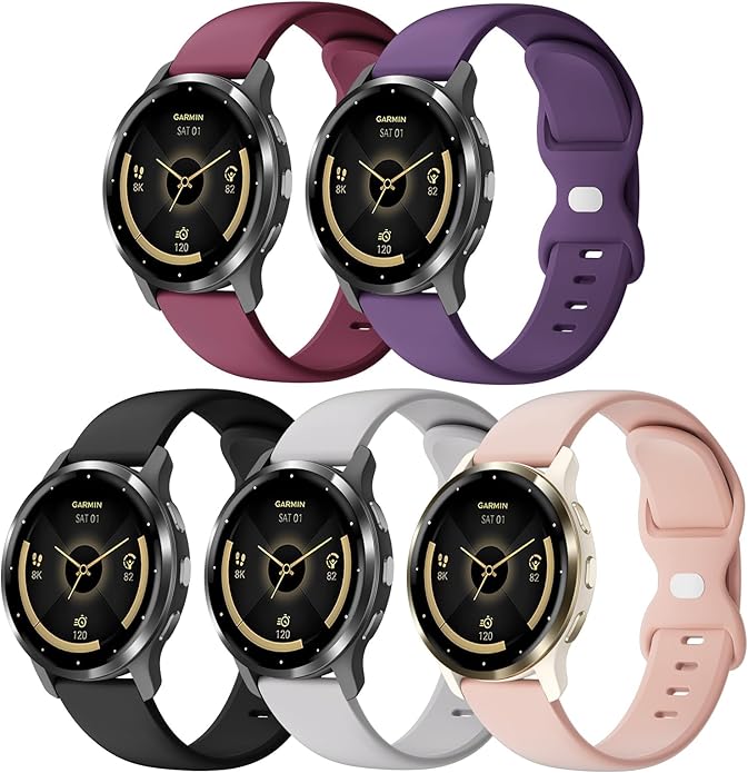 5 Pack 18mm Silicone Watch Band Compatible with Garmin Vivoactive 4S/Vivomove 3S/Venu 3S 41mm/Venu 4 41mm/Venu 2S/Forerunner 255S/265S, Quick Release Soft Sport Straps for Women Men