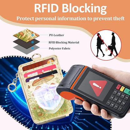 Lanyard Wallet with ID Badge Holder, PU Leather Credit Card Holder with Zipper Pocket Phone Lanyard Wrist Strap Small RFID Wallet Women Keychain Wristlet Teacher Doctor Office-Mushroom