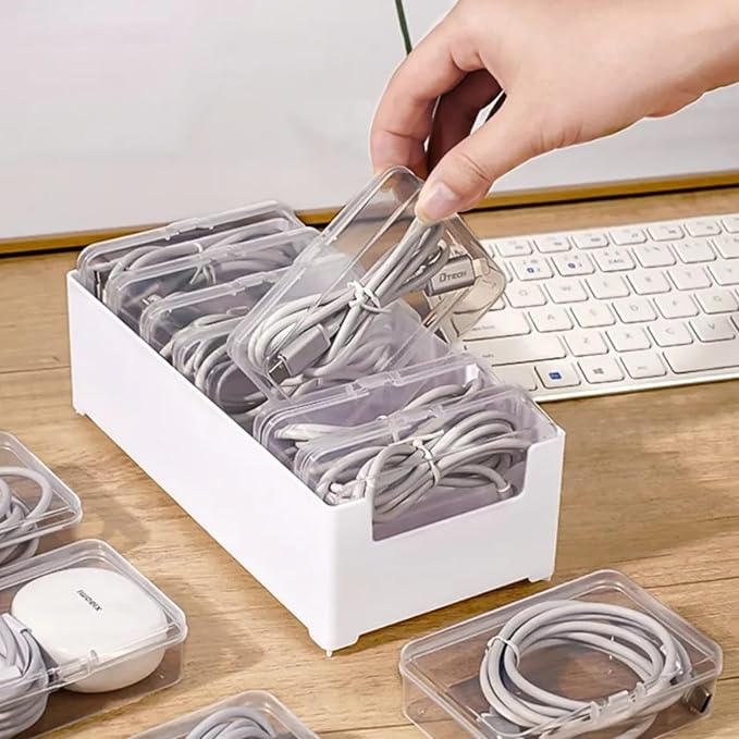 RayHenry Cable Organizer Box with 7 Clear Switch Case, Desktop Charger Cord Storage Organizer Box for Home Office Desk Accessories Wire Organization Stationery Supplies (white)