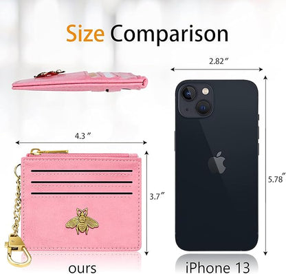 SEAVILIA Card Holder Keychain Wallet for Women with ID Window RFID Blocking Coin Purse Bee Gifts Slim Minimalist Small PU Leather