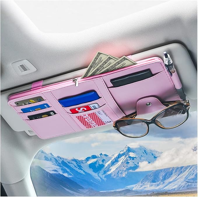 Car Sun Visor Organizer, Leather Storage Pocket Sun Visor Pouch with Zipper for Cards License Registration Pen Glasses Document, Fits Most Car SUV, Auto Interior Accessories for Men Women (Pink)