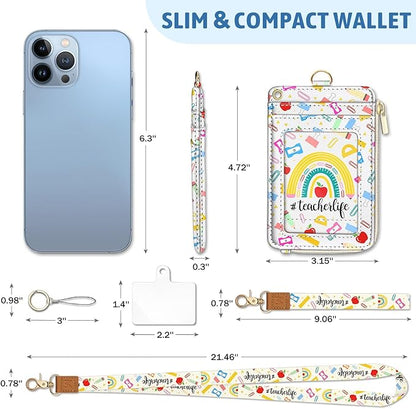 Piefly Cute Rainbow Teacher Lanyard Wallet with ID Badge Holder, Small RFID Wallet Women Keychain Wristlet, Slim Credit Card Holder with Zipper Pocket Phone Lanyard Wrist Strap Name Tag Office Gift