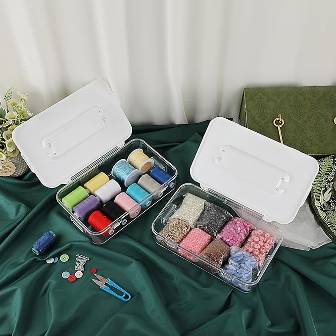 BTSKY 2 Pack Clear Plastic Storage Box with Handle & Flap Lid, Portable Craft Organizers and Storage Box Art Supply Storage Organizer Multipurpose Plastic Sewing Box for Beads Pencils Sticky Notes