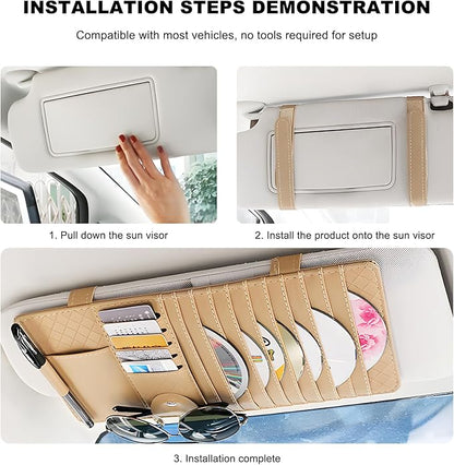 Sun Visor CD Case Holder for Car, Leather Auto Visor DVD Storage Case with Card Slots & Pen Holder, Multi-Pocket Large Capacity CD Layered Organizer for Most Vehicles (Black)