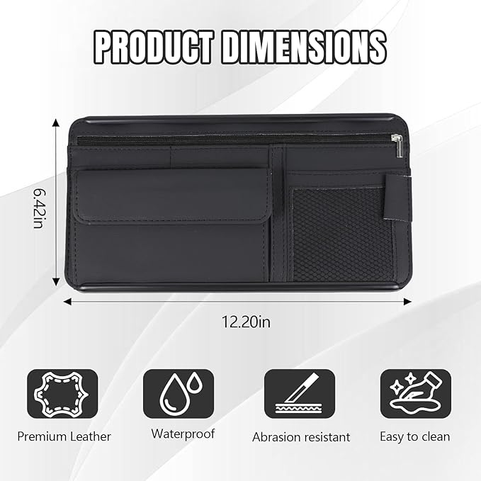 Hovom Car Visor Organizer, Leather Multi-Pocket Auto Sun Visor Storage Pouch with Sunglasses Holder, Card Holder, Zipper Pocket, Net Pocket, Pen Slot, Universal Interior Car Accessories (Black)