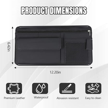 Hovom Car Visor Organizer, Leather Multi-Pocket Auto Sun Visor Storage Pouch with Sunglasses Holder, Card Holder, Zipper Pocket, Net Pocket, Pen Slot, Universal Interior Car Accessories (Black)