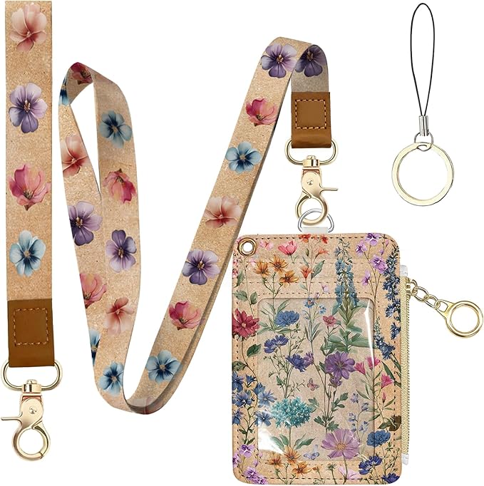 Flower Leather Badge Holder with Zipper Pocket, Work Lanyards and 1 Zip Pocket and 4 Card Slots, Kraft Paper Breakaway Lanyards with Metal Clasp for Boys, Adult, Teachers