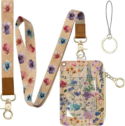 Flower Leather Badge Holder with Zipper Pocket, Work Lanyards and 1 Zip Pocket and 4 Card Slots, Kraft Paper Breakaway Lanyards with Metal Clasp for Boys, Adult, Teachers