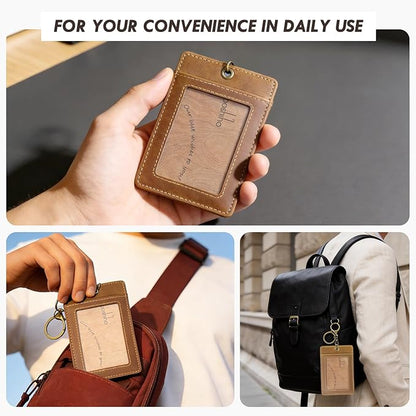 Badge Holder: Boshiho Cowhide Leather ID Card Badge Holder with Keychain Key Ring, Vertical Style (Light Brown)