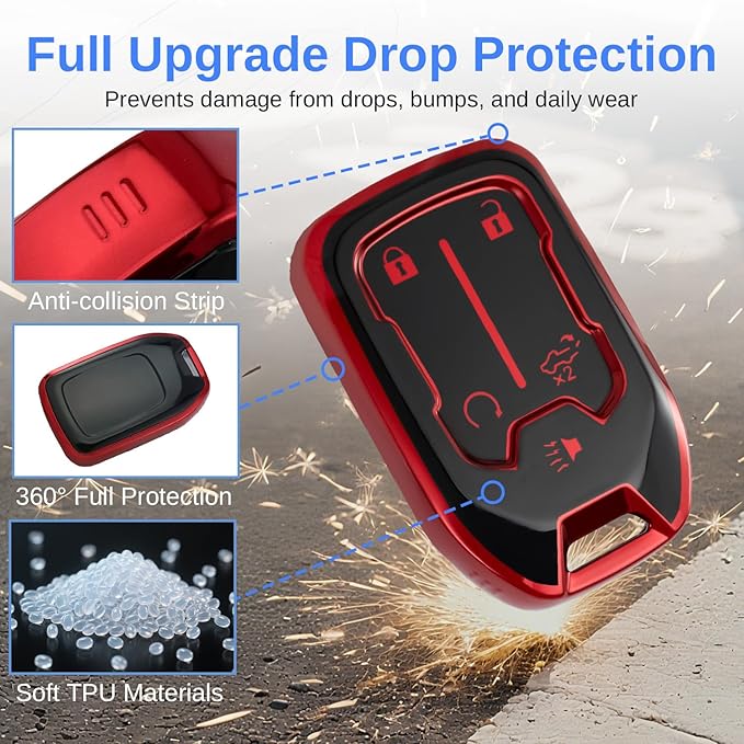 for GMC Key Fob Cover - TPU Key Shell Case Protector Compatible with Chevy Silverado and GMC Sierra 1500 2500HD 3500HD 5 Buttons Smart Remote Key, Red