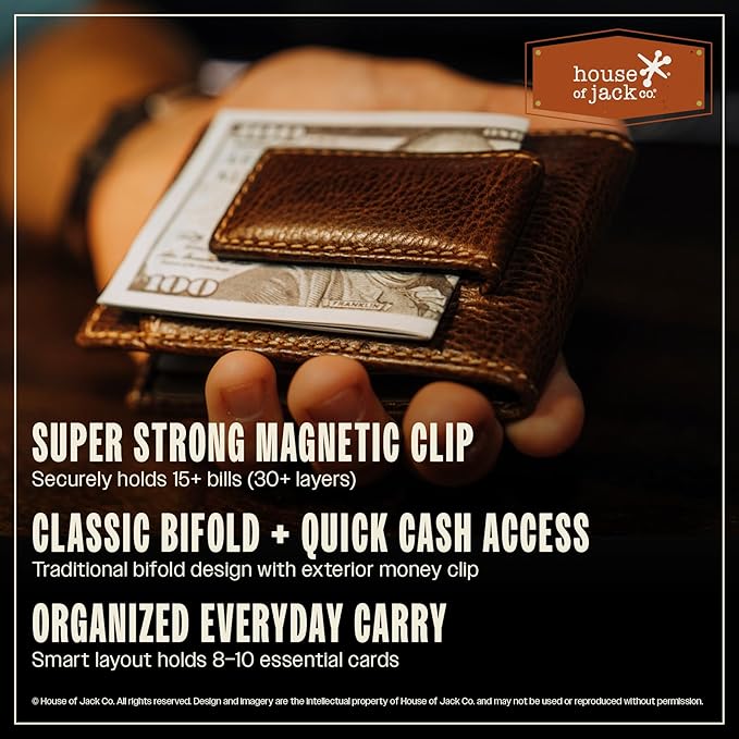House of Jack Co. Ivor Bifold Money Clip Wallet for Men, Slim Front Pocket Wallet with Strong Magnetic Clip, Exterior ID Window, Full Grain Cowhide, Brown
